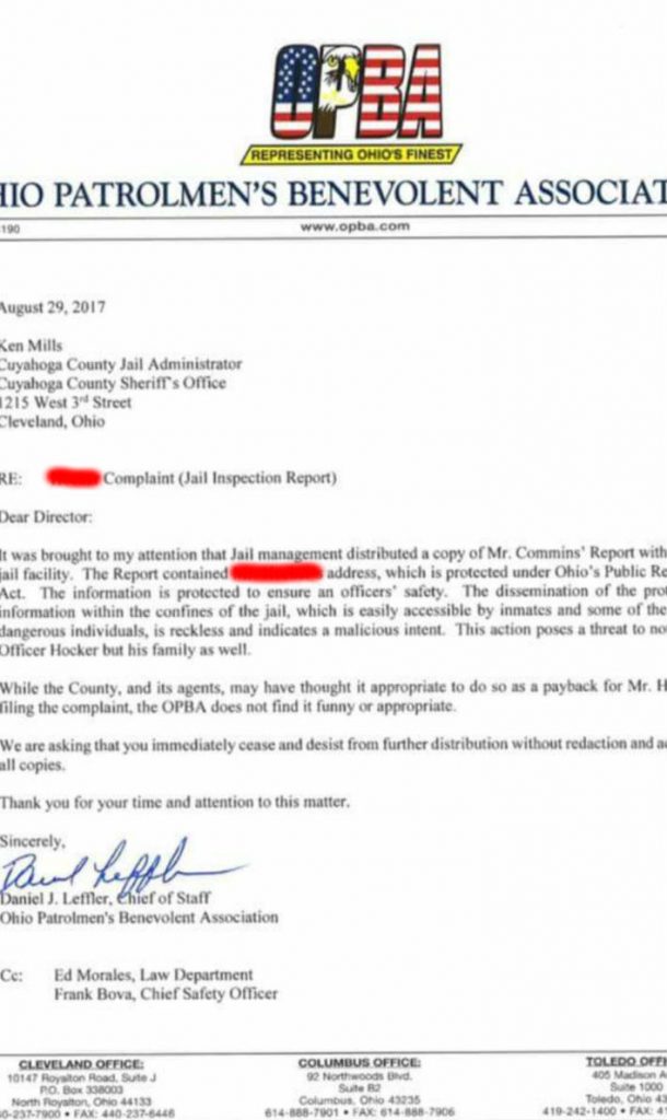 Ken Mills, Cuyahoga County Jail Administrator letter.